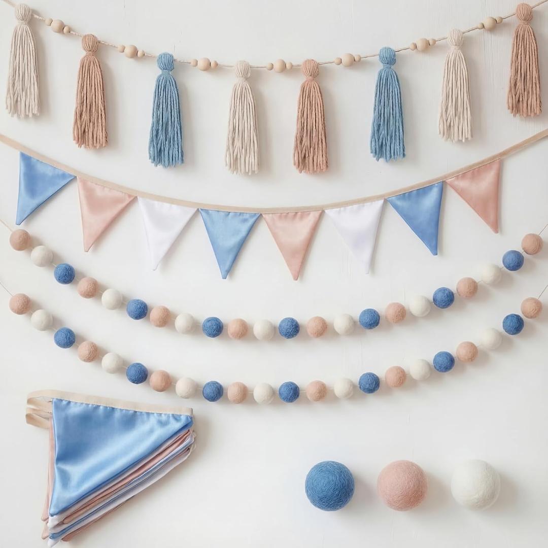 Hahafelt 4 Pcs 6.89 ft Pre-Strung Garland Banner Pom Pom Garland Pennant Banner Tassel Pompom Decor Triangle Fabric Bunting for Nursery Baby Shower Birthday Wedding Boho Party(Baby Blue)
