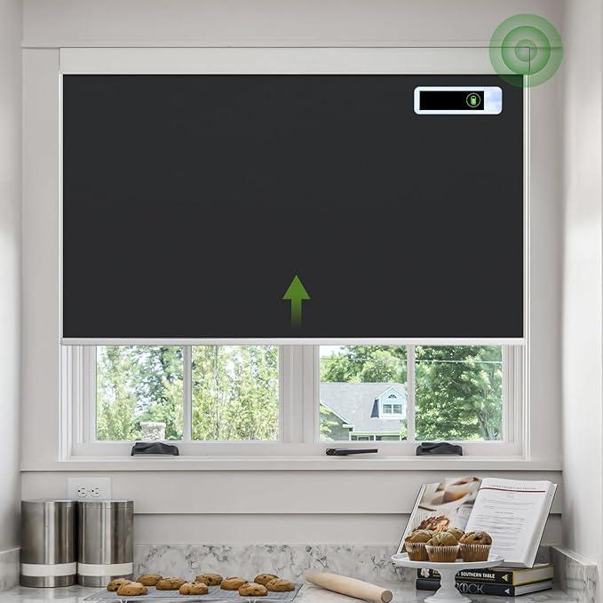Motorized Blinds with Remote, Blackout Cooling Automatic Shades with Solar Panel Cordless Smart Blinds for Windows, Custom Electric Blinds Horizontal Roller Shades,Black,20" W X 72" H