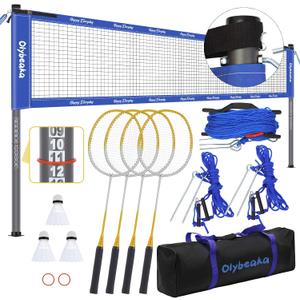 Portable Outdoor Badminton Net Set System for Backyard Lawn Beach, with Durable Net, 4 Carbon Aluminum Rackets, 3 Birdies and Carrying Bag, 20ft