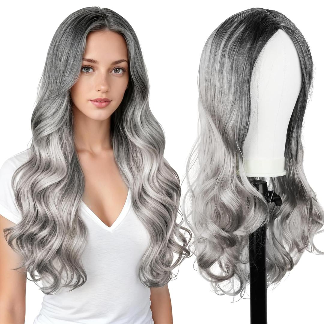 Long Grey Wigs for White Women Kinky 26 Inch Middle Part Glueless Wig 180% Density Wear Curly Wigs Cosplay Wig Upgraded Protein Fiber Hair for Daily Party Use. (Ombre Grey)