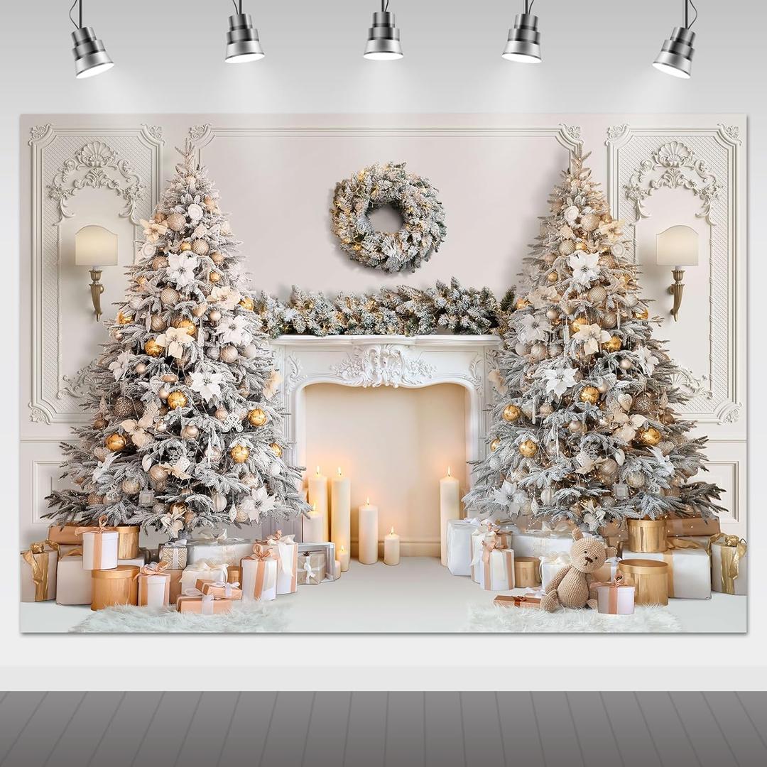 Mocsicka Classic Christmas Interior Room Photography Backdrop White Christmas Fireplace Photo Background Decorated Xmas Tree Family Kids Holiday Party Banner Decorations Photo Booth Props (8x6ft)