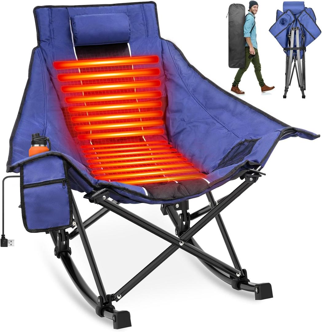 Suteck Heated Rocking Camping Chair - Fully Thicker Padded Heated Chairs for Outdoor Sports W/3 Heat Levels for Back & Seat, Heated Folding Chair for Adults with Carry Bag- Battery NOT Included (Navy Blue)