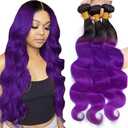 Ombre Purple Human Hair Bundles 18 20 22 Inch Body Wave T1B/Purple Bundles Human Hair 11A Brazilian Virgin Quick Weave Hair for Black Women