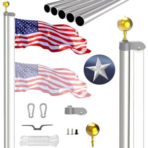 20FT Sectional Flag Pole Kit, Extra Thick Heavy Duty Aluminum Flagpoles for Outside House Inground with 3'*5' American Flag and Black Ball Topper for Residential or Commercial Use, Silvery