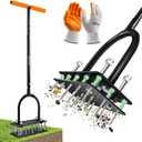 Saker Manual Lawn Aerator Tool, with 15 Iron Spikes Adjustable Height, Double-Layer Spring, Heavy-Duty Iron Lawn Aerator Tool with Gloves for Loosening Soil Aerating Patio, Yard, Garden Orange