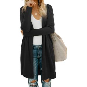 OUGES Women's Open Front Cardigan Shirt with Pockets Long Sleeve Lightweight Coat (Medium, Black)