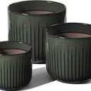 LE TAUCI Fluted Ceramic Planters Set of 3  8.3/7 / 5.7 in Dark Olive Reactive Cylinder Indoor Plant Pots with Drainage Plug & Mesh, Glossy Stoneware Flower Pots for Succulents Herbs
