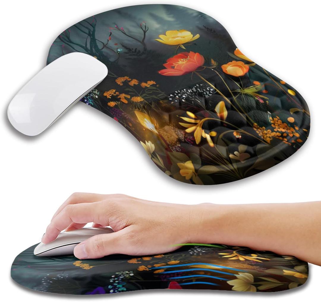 Kuosgm Ergonomic Mouse Pad Wrist Support with Memory Foam Massage Bulge, Carpal Tunnel Pain Relief Mousepad Wrist Rest for Mouse(12x8 inch, Midnight Forest)