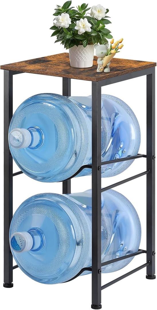 MOOACE 5 Gallon Water Jug Rack, 2 Tier Water Bottle Holder Organizer with Storage Shelves, Water Dispenser Stand Shelf for Office Kitchen Living Room, Rustic Brown