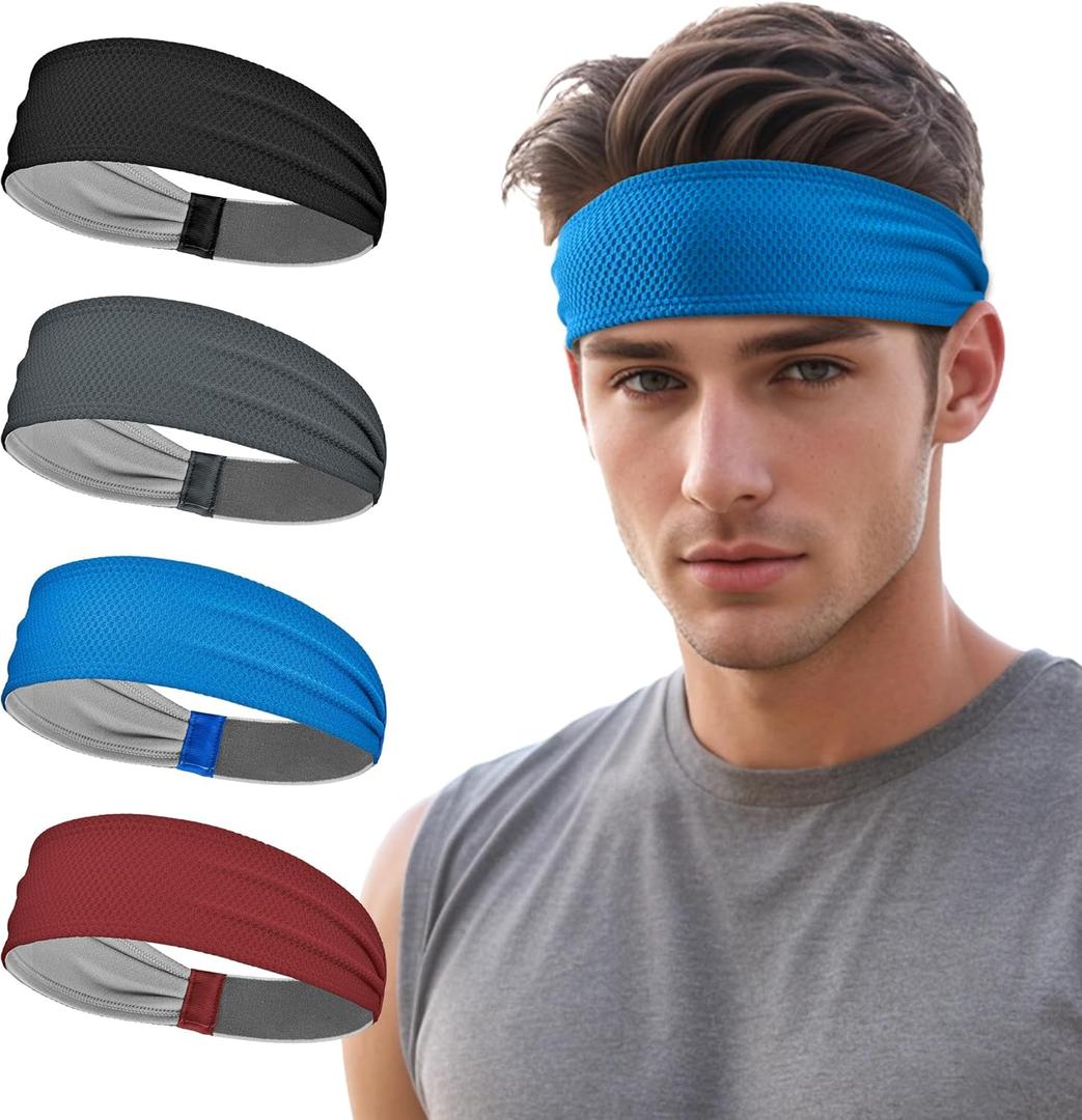 Sukeen Sports Headbands for Men, Moisture Wicking Sweat Bands Headbands Non-Slip, Breathable Elastic Sweatband, Running Headband for Yoga, Tennis, Fitness Workout (Black/Dark Gray/Blue/Wine Red)