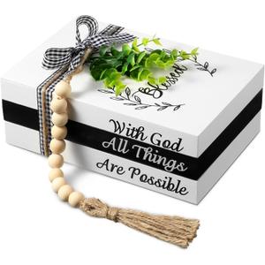 Capoda 3 Pcs Decorative Books for Home Decor Farmhouse Faux Stacked Books Wooden Rustic Table Decor with Bead Garland Twine Ribbon Faux Leaf for Table(Blessed)