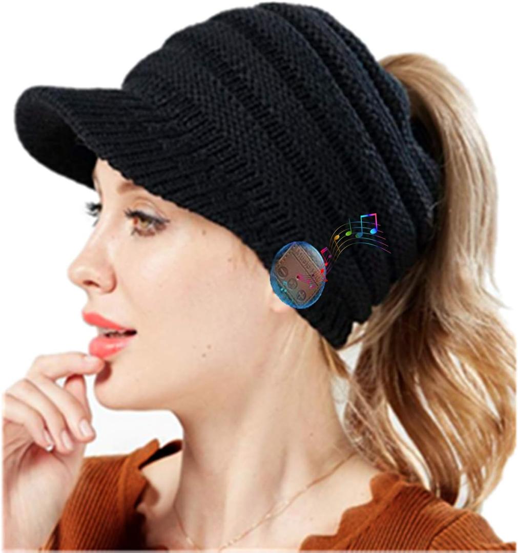 Bluetooth Beanie for Women, Wireless Headset Winter Knitted Messy Bun Hat Ponytail Hole Visor Caps with Stereo Headphones Mic Hands Free for Outdoor Sports