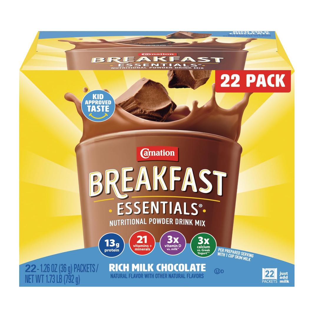 Carnation Breakfast Essentials Powder Drink Mix, Rich Milk Chocolate, 22 Count Box of 1.26 Ounce Packets 2 Packs  BB: August 19, 2026