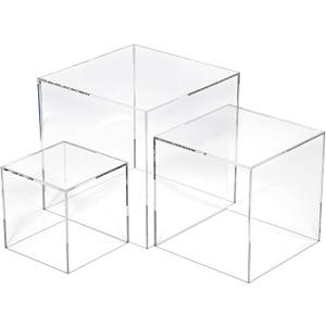 3 Pcs Acrylic Boxes for Display, 3" 4" 5" Small Square Clear Acrylic Cube with Hollow Bottoms, Nesting Riser Display Stand Shelf Food Risers for Buffet Table Dessert Collectibles Jewelry Figures Show