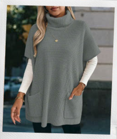 ZAFUL Women's Oversized Turtleneck Sweater Dress Short Batwing Sleeve Knitwear with Pockets Trendy Fall Sweaters 2025 Grey M