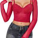 Avidlove Mesh Crop Top with Shrug Long Sleeve Sheer Top Sexy Low Cut Shirt Going Out 2 Pieces Clubwear, Red, XXL