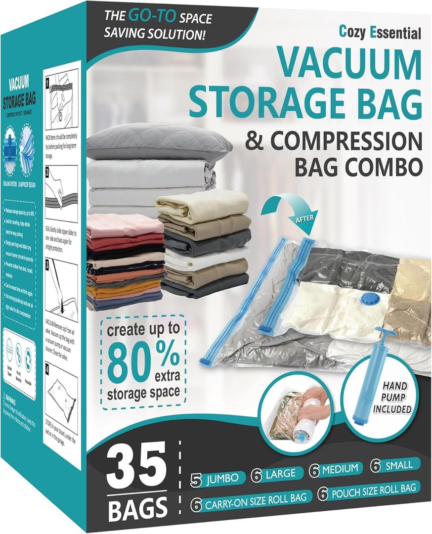 Cozy Essential 35 Pack Vacuum Storage Bags, Space Saver Bags (5 Jumbo/6 Large/6 Medium/6 Small/6 Roll-M/6 Roll-S) Compression for Comforters and Blankets, Pillow, Bedding, Sealer Clothes Storage