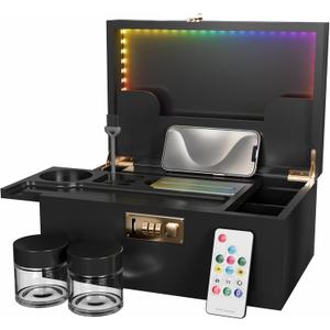 Usoway Bamboo Storage Box With Colored LED Lights - 358 Kinds Cool Light Effects, Premium Decorative Wooden Box With Combination Lock, Storage Box Set With Sliding Tray and Accessories (Black)