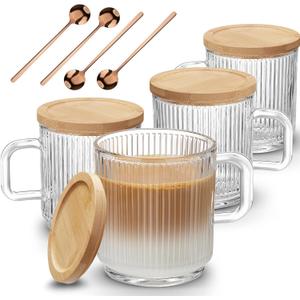 Mfacoy 4 PACK Glass Coffee Mugs with Handle & Spoon, 12 OZ Glass Coffee Cups with Bamboo Lid, Ribbed Glass Cups, Clear Tea Cup for Hot/Cold Beverages, Glassware Set for Americano, Latte, Cappuccino
