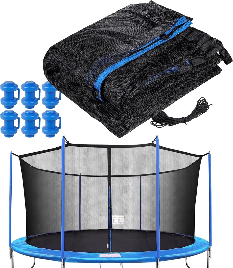Trampoline Net Replacement with 6 PoleCaps, 12ft 14ft 15 ft Round Frame, Durable and Breathable Trampoline Net with Adjustable Straps, Zippers, Protection Buckles, Black