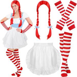 4 Pcs Halloween Fast Food Costume for Women Include Red Braided Wig Half Waist Apron Long Arm Warmer Striped Knee High Socks for Halloween Cosplay Party