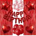 29 Pcs Red Birthday Party Decorations - Happy Birthday Balloons Banner Red, Heart & Star Foil Balloons, Confetti & Latex Balloon, Foil Fringe Curtains Party Supplies for Women