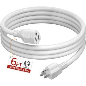 16/3 Short Extension Cord 6 FT, White Extension Cord Flexible & Durable, Indoor 3 Prong Power Cable, Suitable for Home and Office, 13 Amp 1625 Watt 125VAC 16AWG, ETL Listed