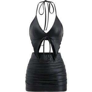 MakeMeChic Women's Y2K Skirt Set Leopard Print Tie Back Halter Crop Top and Ruched Mini Skirt Outfits Set, Small, Black A