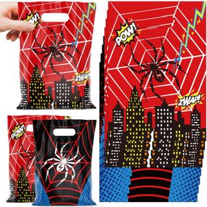 Caoekego 50Pcs Spider Goodie Bags Hero Action Sign Treat Candy Plastic Bags for Superhero Theme Party Supplies Spider Movie Fans Birthday Party Decorations