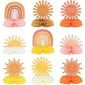 9Pcs Boho Sun Honeycomb Centerpieces Table Toppers Hippie Rainbow Muted Sunrise Table Decor First Trip Around the Sun Birthday Party Decoration Baby Shower Supplies for Baby Boys Girls