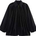 WOWULOVELY Women's Puffed Bomber Jacket Oversized Lapel Collar Streetwear Coat Long Casual Batwing Sleeve Zip Pleated Shirts (Black)