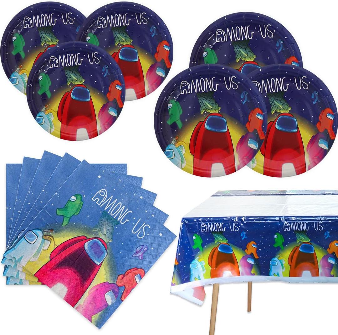 Among Party Supplies 41Pack include 20 plates, 20 napkins 1 tablecloth for Among birthday party Decoration