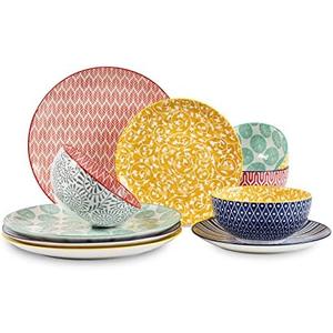 Selamica Ceramic Dinnerware Sets, 12-Pieces Plates and Bowls Sets, Scratch Resistant Dishes set for 4, Dishwasher & Microwave Safe, Assorted Colors
