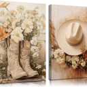 NNX 2pcs Vintage Western Cowgirl Canvas Wall Art: Coastal Cowgirl Boots & Hats Posters - Trendy Preppy Dorm Room & Living Room Wall Decor (16x24in)