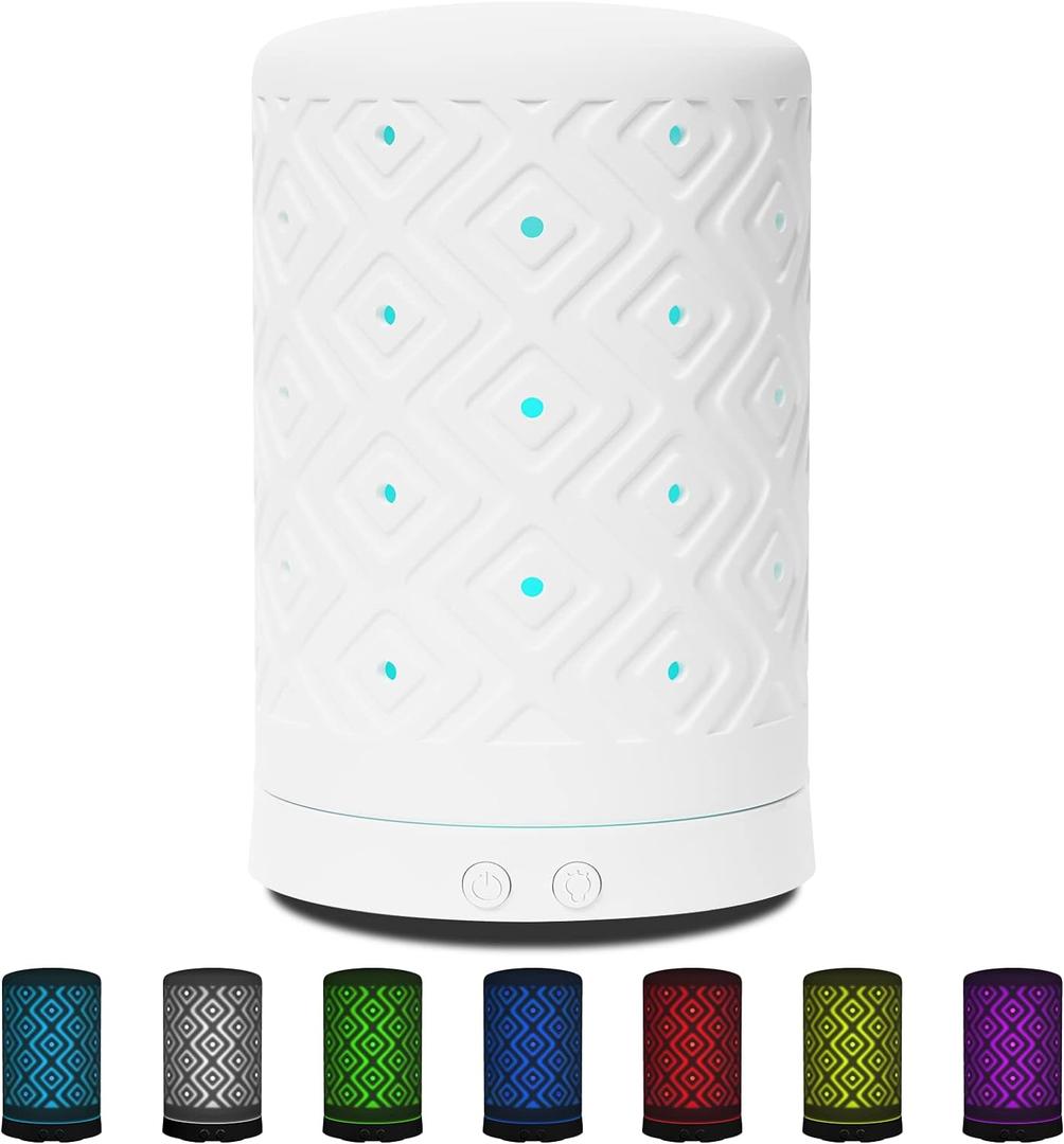Essential Oil Diffuser Home Fragrance Aromatherapy Diffuser with 7 LED Color Changing Light and Auto Off Safety Switch Light Ceramic Diffuser White