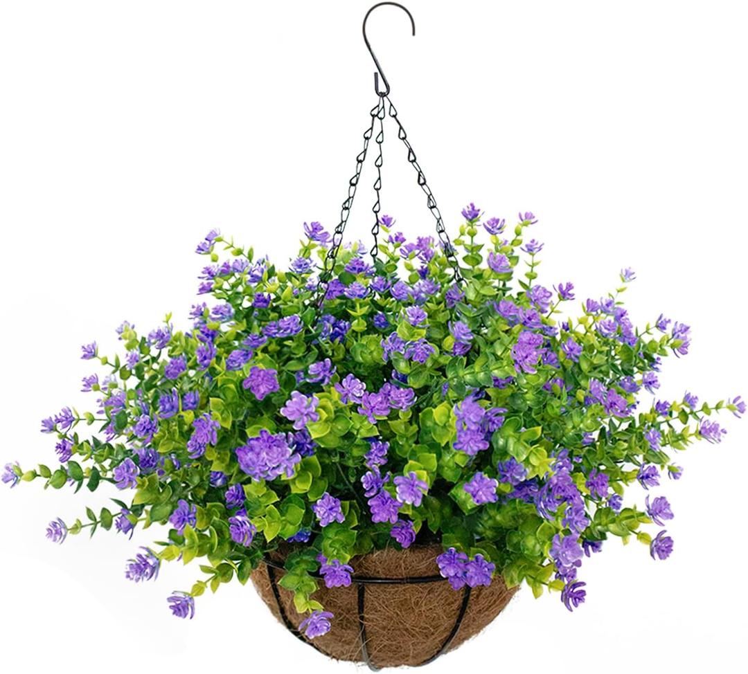 Artificial Hanging Flowers Basket, 12 UV-Resistant Bundles of Realistic Fake Flowers, Faux Plants for Outdoor Decor, Home, Garden, Porch, Patio, Spring & Summer Decorations, Purple