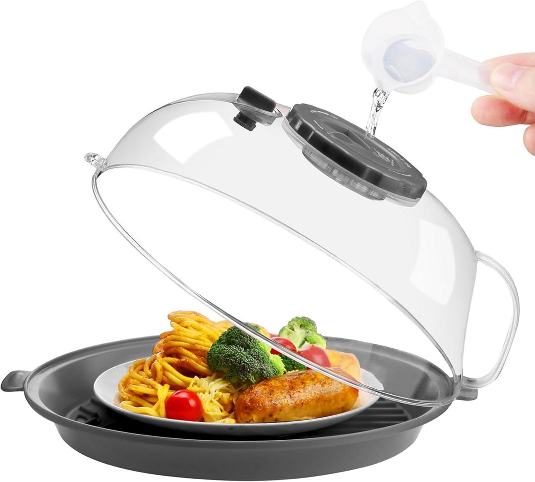 Microwave Splatter Cover Lid for Food 10.2 Inch with Water Steamer, Clear Microwave Splash Guard Cooker Lid with Plate, Dish Bowl Plate Serving Cover Cookware High Transparent Plastic Grey
