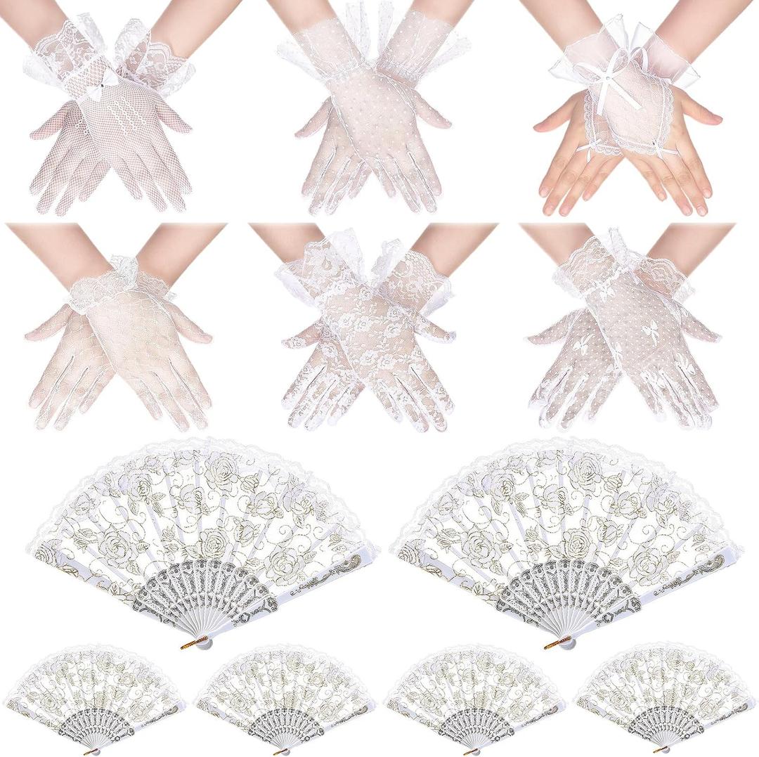 Shyyween 6 Pairs Tea Party Lace Gloves with 6 Pcs Rose Hand Fans for Women Elegant White Lace Gloves for Vintage Ladies Tea Party Wedding Accessories