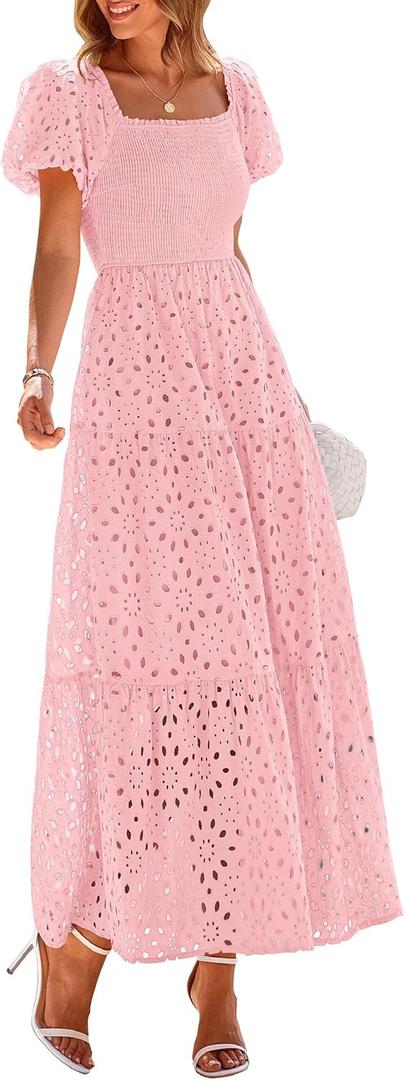 PRETTYGARDEN Summer Dresses for Women 2025 Eyelet Square Neck Puff Sleeve Smocked Wedding Guest Maxi Dress with Pockets (Pink, X-Large)