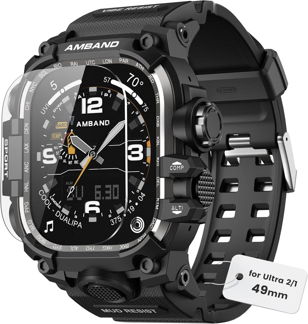 AmBand Compatible with Apple Watch Ultra 2/1 Bands Case 49mm for Men, M3 Rugged Cover Military Sport Strap with Glass Screen Protector, Heavy Duty Protective Bumper for iWatch 49 mm - Matte Black (49mm - Ultra 2/Ultra)