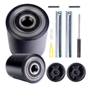Pallet Jack/Truck Load Wheels Full Set with Axles and Entry Exit Roller 3" x 3.75" with Bearings ID 20mm Poly Tread Black
