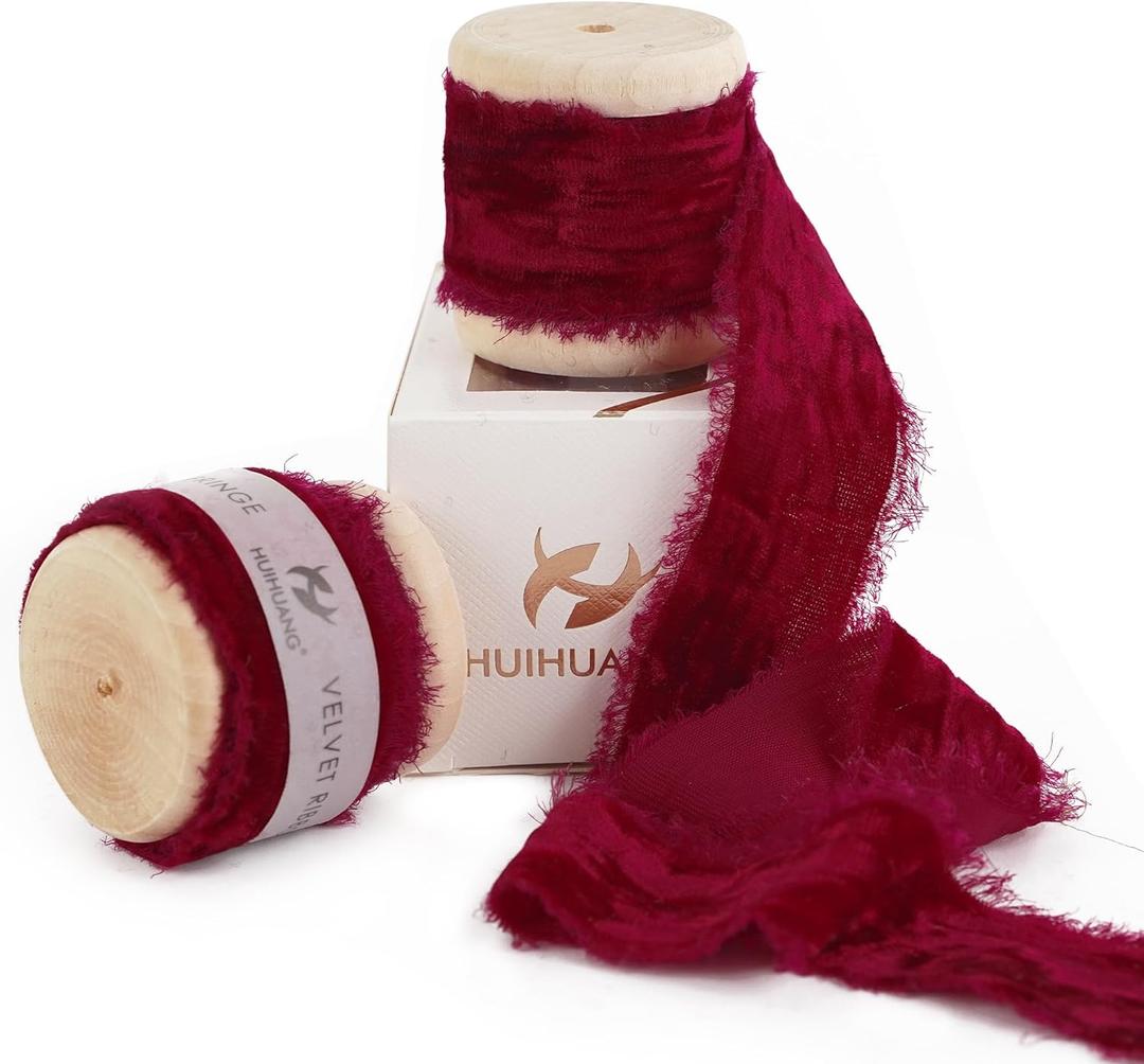 HUIHUANG Red Velvet Ribbon 1 inch Red Frayed Silk Fringe Velvet Ribbon for Ornaments Crafts, Christmas Tree Decoration, Gift Wrapping, Floral Bouquets, Wreaths, Wedding Decor