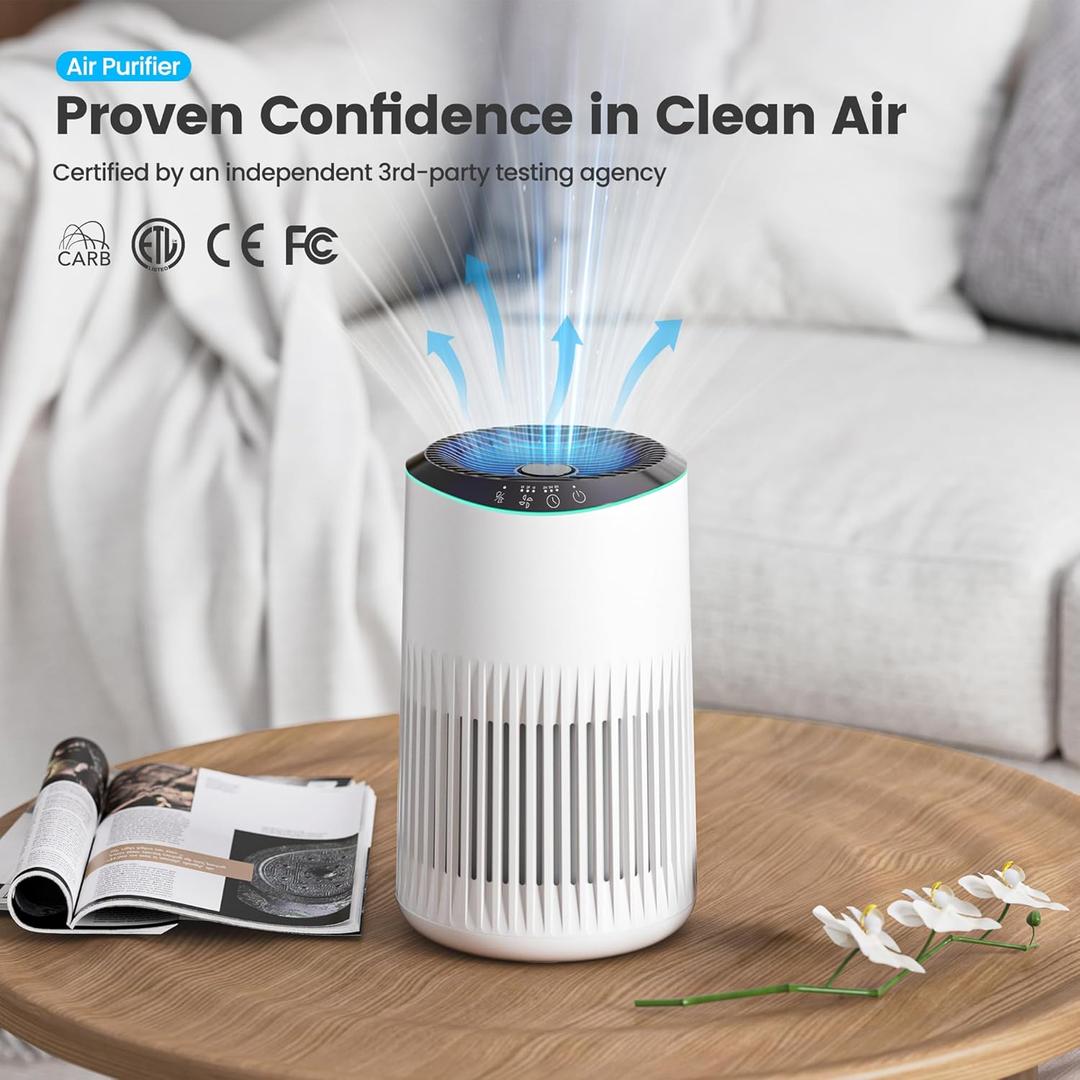 Air Purifiers for Bedroom Home with Sleep Mode for Smoke Pet Dander Odors, Small Air Purifier with Fragrance Sponge, Blue Ambient Light, 23dB Quiet, 1 Pack White 