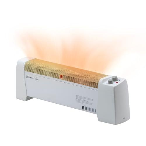 Comfort Zone 1500W Convection Baseboard Heater with Built-In Thermostat, Overheat & Tip-Over Protection, Dent-Proof Ends, Plug-In Portable, Ideal for Home, Bedroom & Office, White