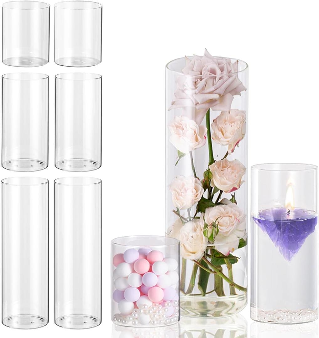6pcs Clear Glass Cylinder Vases for Centerpieces, 4,8,12 Inch Tall Clear Flower Vases Wedding Decorations, Glass Hurricane Candle Holder for Table Shelf, Floral Vase Bulk for Home Decor