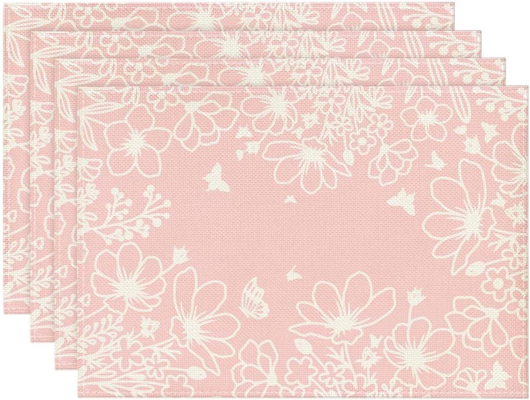 Artoid Mode Pink Bloom Flowers Summer Placemats Set of 4, 12x18 Inch Seasonal Spring Table Mats for Party Kitchen Dining Pink Decoration