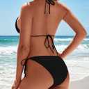 Zilcremo Women Two Piece Bikini Swimsuit Triangle Tie Bathing Suit Beads Cheeky String Bikini Sets (Black, M)