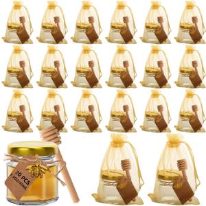 20Pcs Hexagon Mini Glass Honey Jars, 1.5 oz Hexagon Glass Jars with Golden Lids,Wooden Honey Sticks,Bronze Bee Pendants,Small Tags, Wedding Favors,Jams (20)