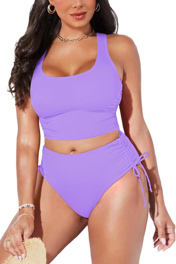 Pink Queen Women Racerback Ruched Crop Top High Waisted Bikini Sets 2 Piece Swimsuit Bathing Suit 2026 (Purple, L)