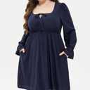 AlvaQ Plus Size Dresses for Women Square Neck Long Sleeve Dress Embroidery Eyelet A Line Sundress with Pockets L-4X (XL)
